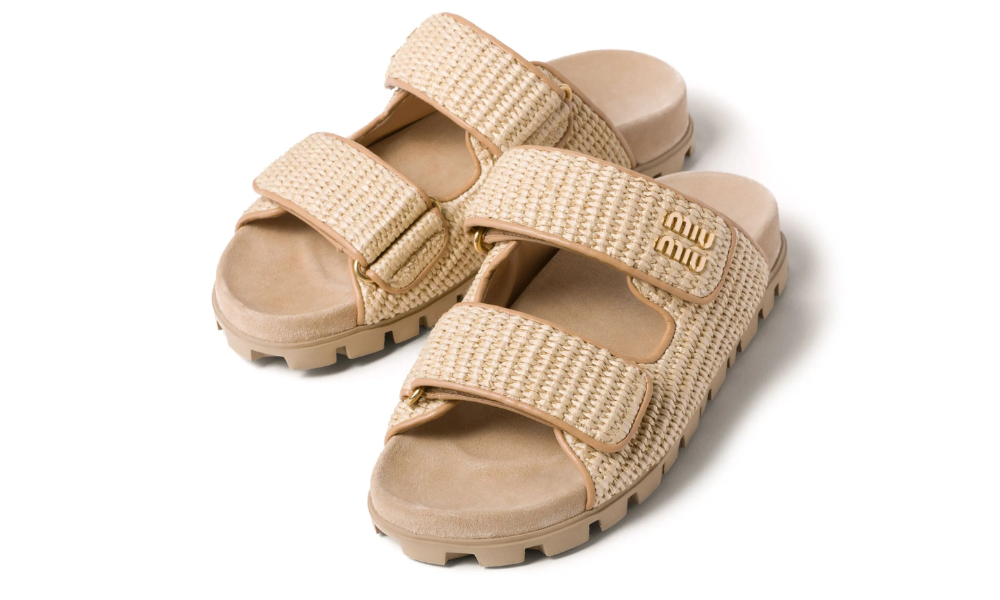 Miu Miu touch-strap raffia sandals "Sand Beige"