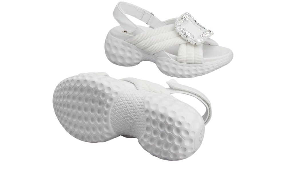 Roger Vivier Viv' Run Light Strass Buckle Sandals in Fabric 'White'