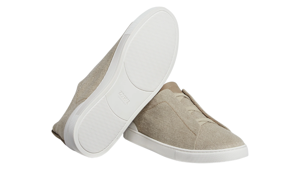 Zegna Light Beige Cotton Linen and Leather Triple Stitch Sneakers