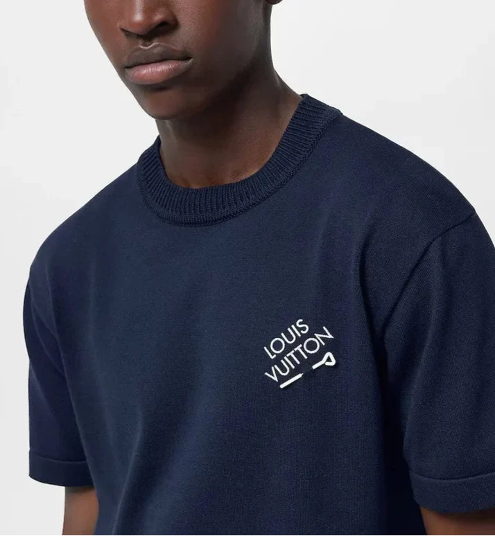 LV Embroidered Signature Short-Sleeved Cotton Crewneck Navy Blue