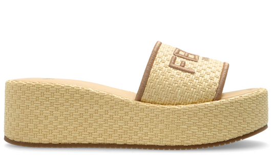 Fendi Sunshine Beige Raffia Flatform Slides