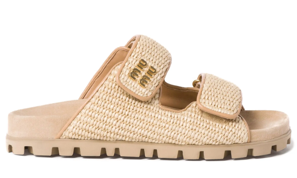 Miu Miu touch-strap raffia sandals "Sand Beige"
