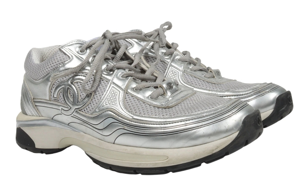 Chanel Fabric & Laminated Light Gray & Silvered Low Top Sneakers