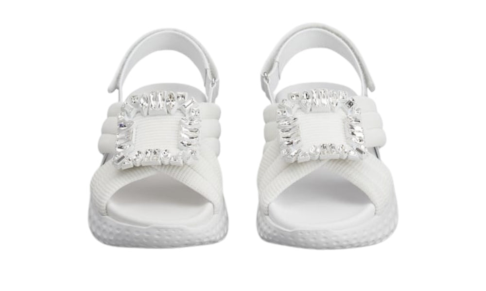 Roger Vivier Viv' Run Light Strass Buckle Sandals in Fabric 'White'