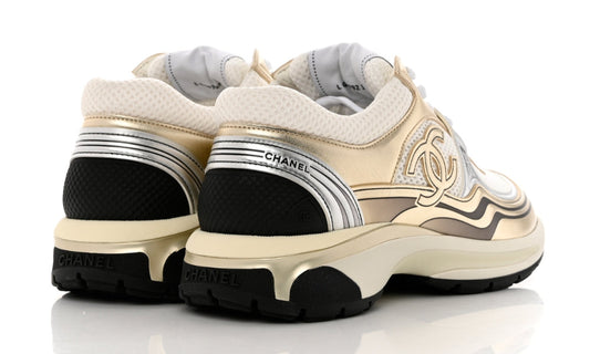 Chanel Fabric & Laminated White, Gold & Silver Low Top Sneakers