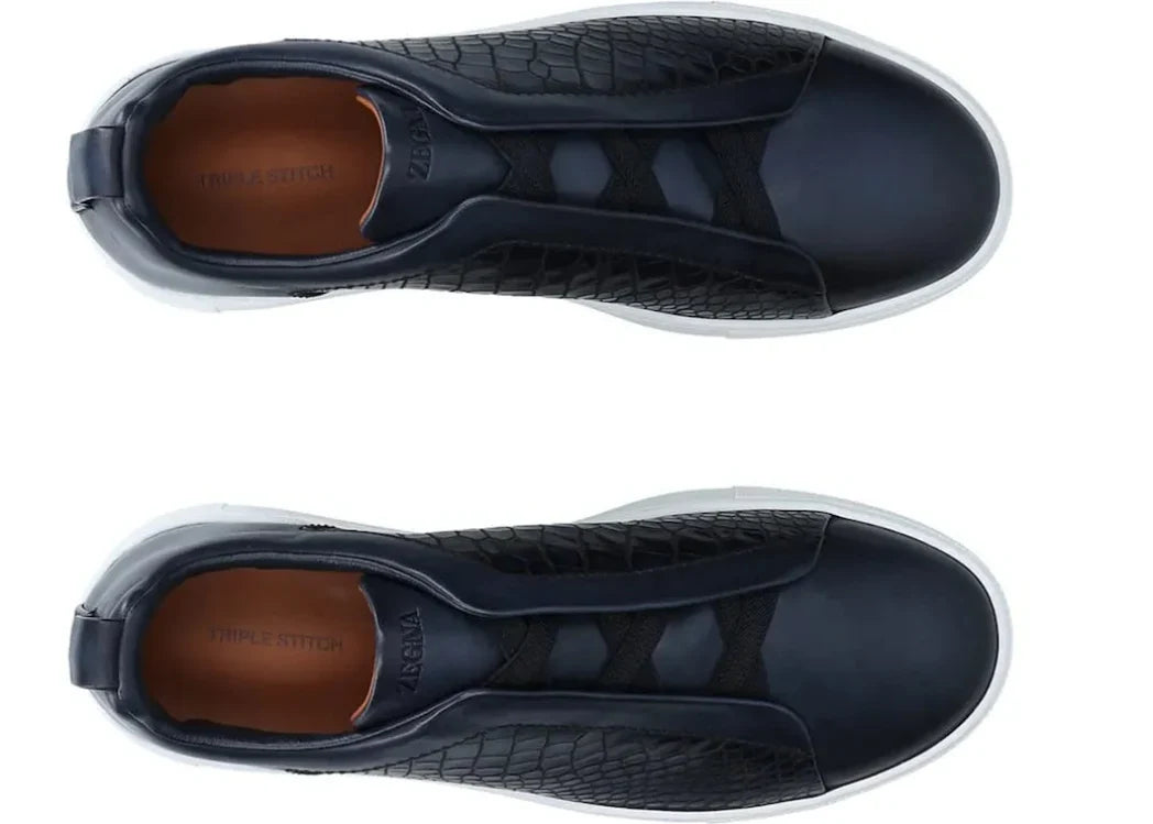 Zegna Crocodile Leather Triple Stitch "Navy Blue"