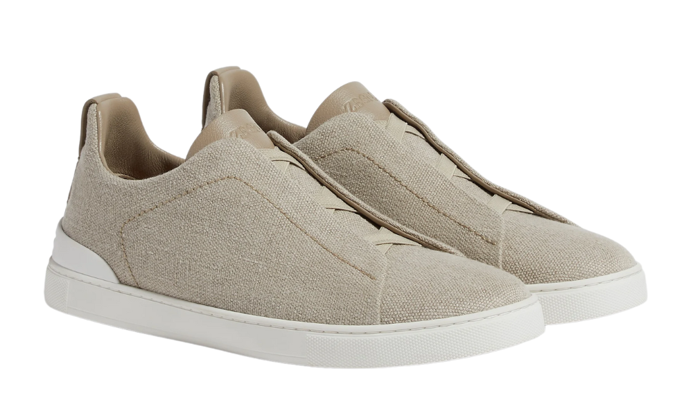 Zegna Light Beige Cotton Linen and Leather Triple Stitch Sneakers